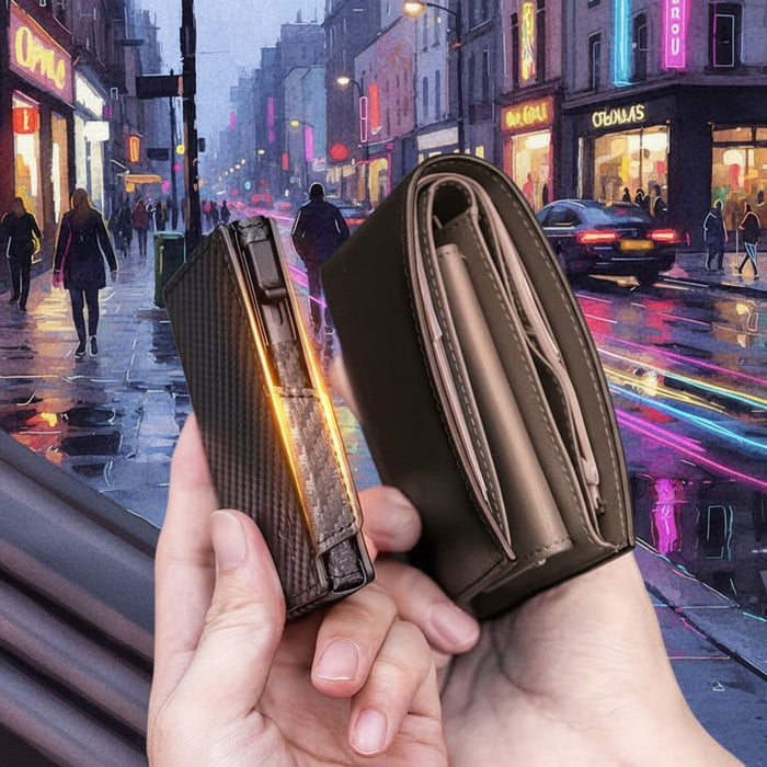Blessing Sells black carbon fiber RFID pop-up wallet with metal card holder and zipper pocket