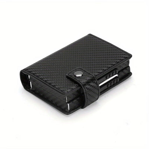 Blessing Sells black carbon fiber textured RFID blocking wallet with auto pop-up mechanism and snap closure.