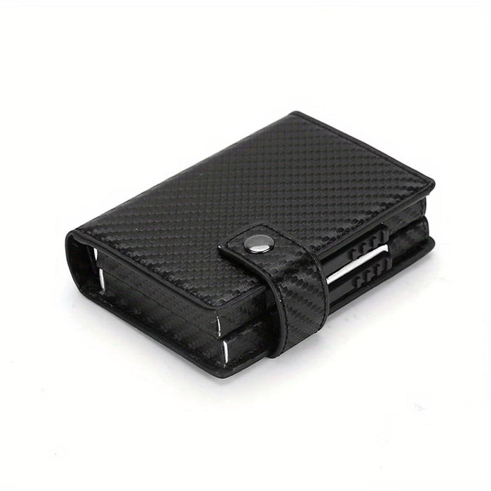 Blessing Sells black carbon fiber textured RFID blocking wallet with auto pop-up mechanism and snap closure.