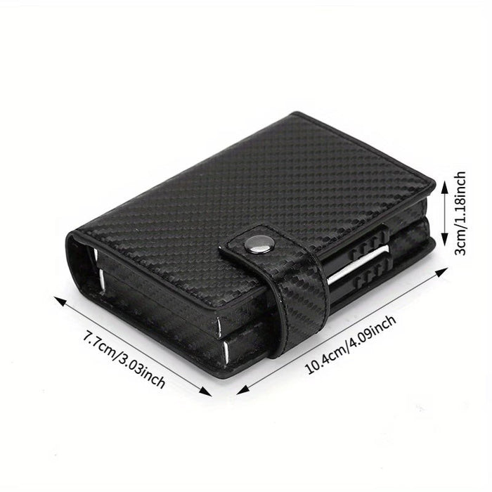 Blessing Sells black carbon fiber textured RFID blocking wallet with auto pop-up mechanism and snap closure.