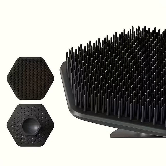 Blessing Sells black silicone facial cleansing brush with hexagonal base and soft bristles for deep cleaning and exfoliation.