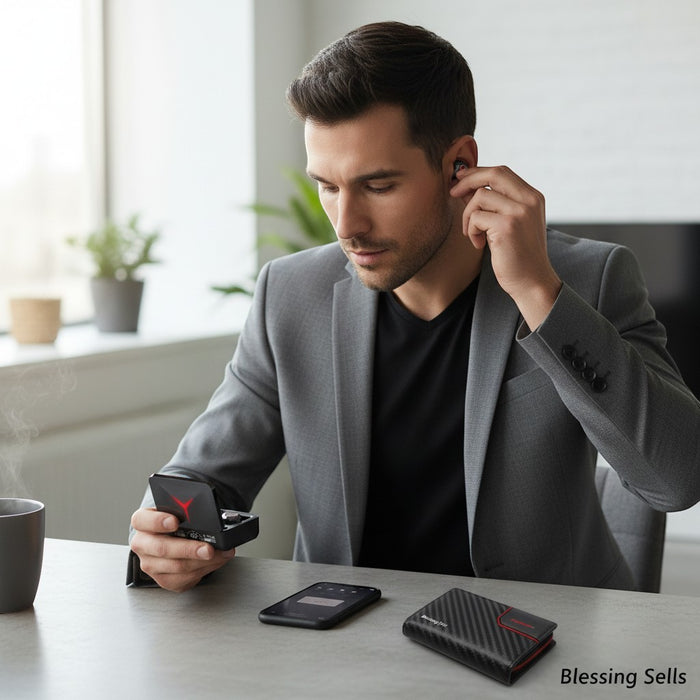 Blessing Sells black wireless earbuds with red accents, shown with charging case and phone.
