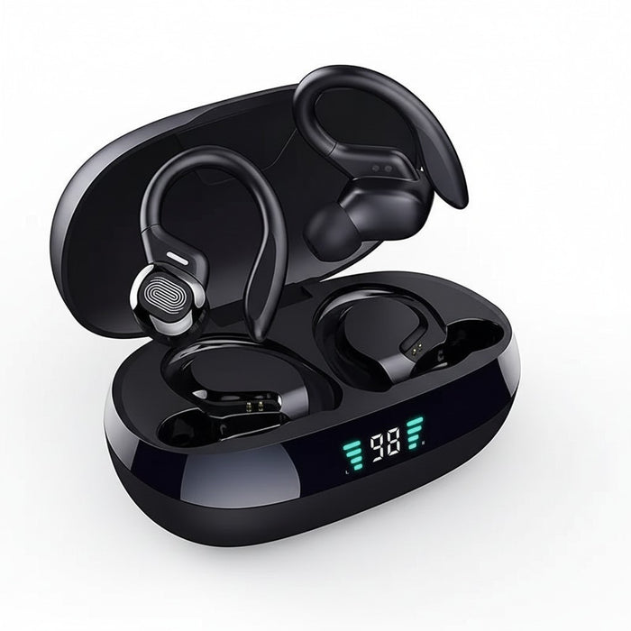 Blessing Sells black true wireless earbuds with earhooks and charging case featuring LED display.