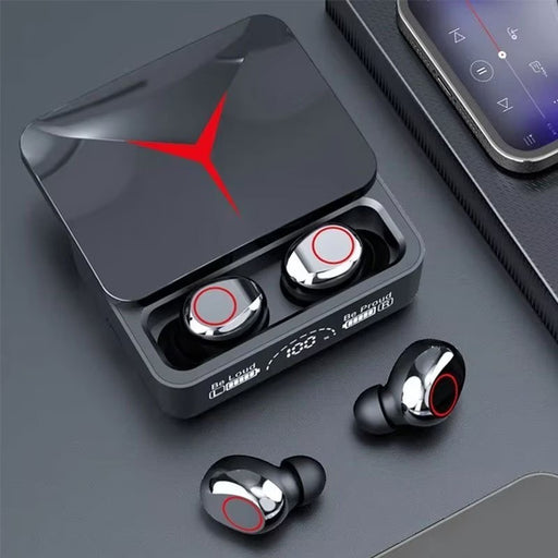 Blessing Sells black wireless earbuds with charging case. Features red accents and LED display.