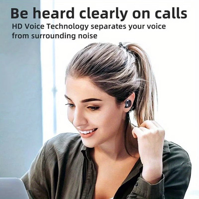 Blessing Sells black wireless earbuds with noise-canceling microphone, worn by a smiling woman with her hair in a ponytail.