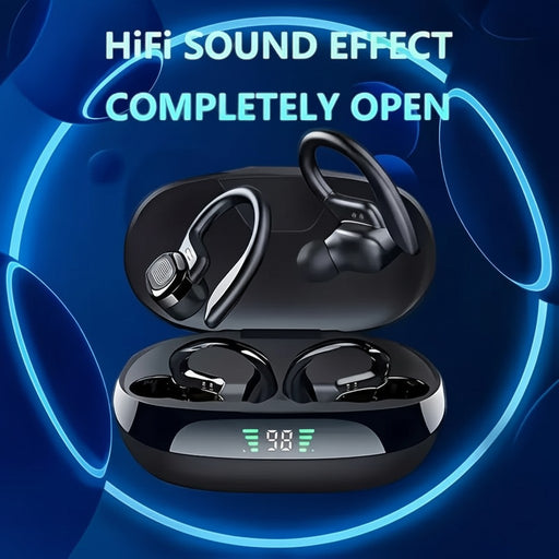 Blessing Sells black true wireless earbuds with ear hooks and LED charging case display.