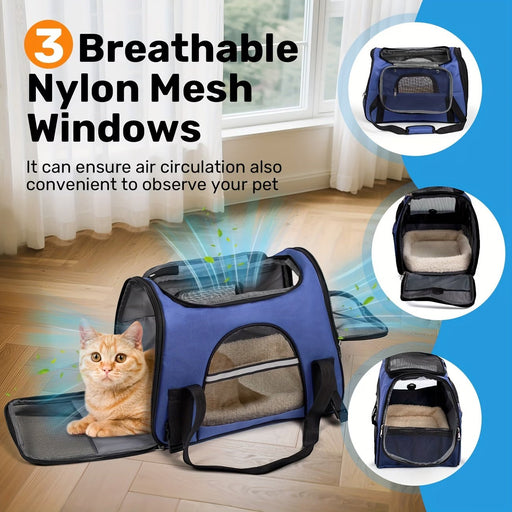 Blessing Sells blue nylon cat carrier with breathable mesh windows and a plush interior. Features a side opening and top access.