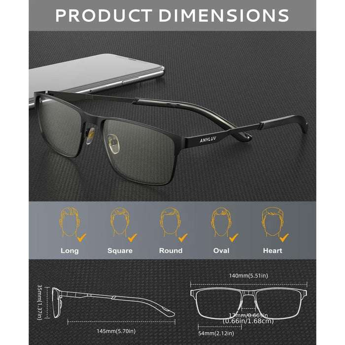 Blessing Sells black metal frame blue light blocking glasses with clear lenses, suitable for long, square, round, oval, and heart face shapes.