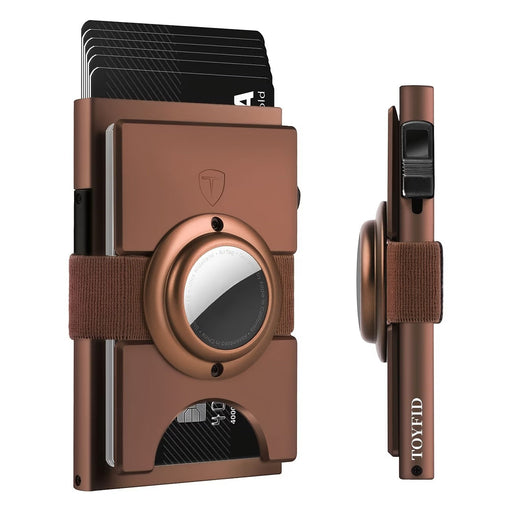 Blessing Sells brown aluminium card wallet with AirTag slot and elastic band, holds 12 cards.
