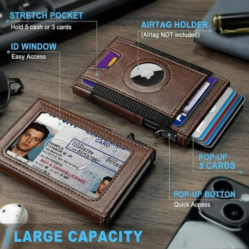 Blessing Sells brown leather men's wallet with pop-up card holder, ID window, AirTag holder, and RFID protection.