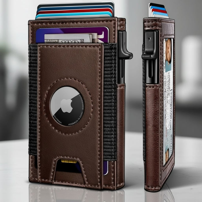 Brown leather Blessing Sells men's wallet with pop-up card holder, RFID protection, and Airtag slot.
