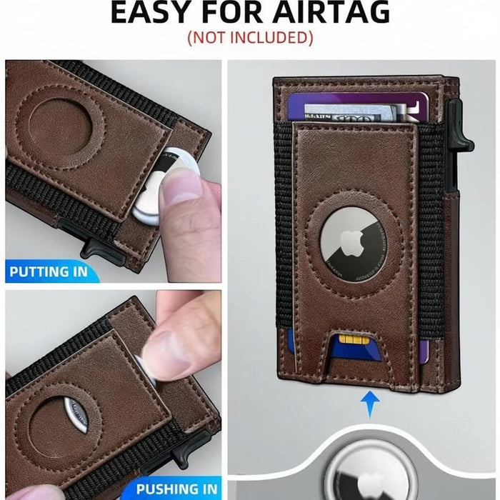 Blessing Sells brown leather slim wallet with pop-up card holder, RFID protection, and Airtag slot.