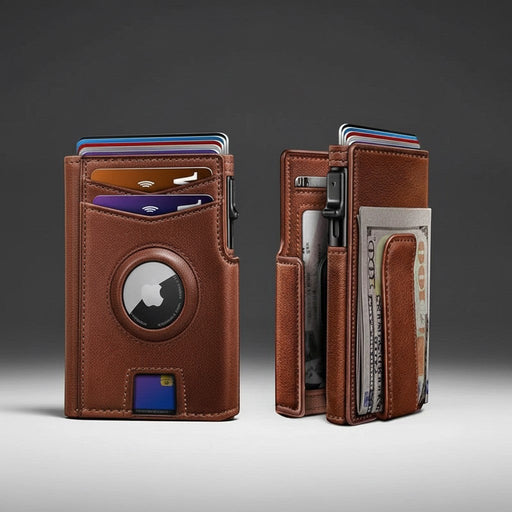 Blessing Sells brown leather bifold wallet with RFID blocking, ID window, card holder, and money clip.