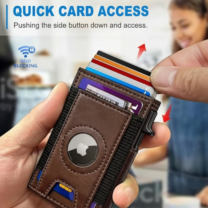 Blessing Sells brown leather slim wallet with pop-up card holder, RFID blocking, and Airtag slot.