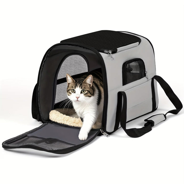 Blessing Sells grey and black ventilated cat carrier with mesh windows and a plush interior. A tabby cat is emerging from the carrier.