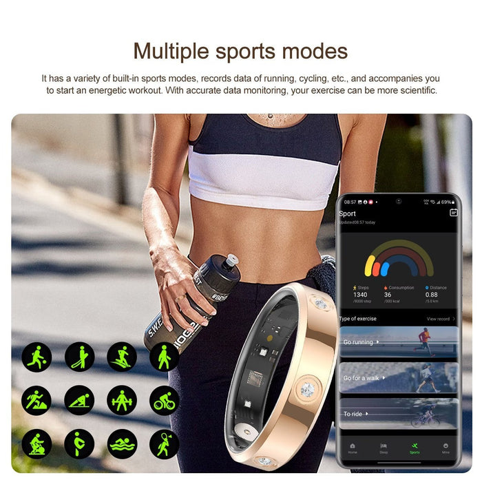 Blessing Sells CHABAIDAO Smart Ring in rose gold with diamonds, showing activity tracking on a phone screen.