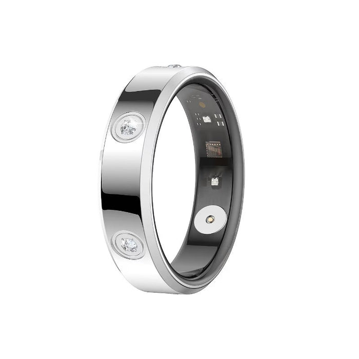 Blessing Sells CHABAIDAO Smart Ring in silver with three clear stones, tracking activity, calories, distance, and sleep.