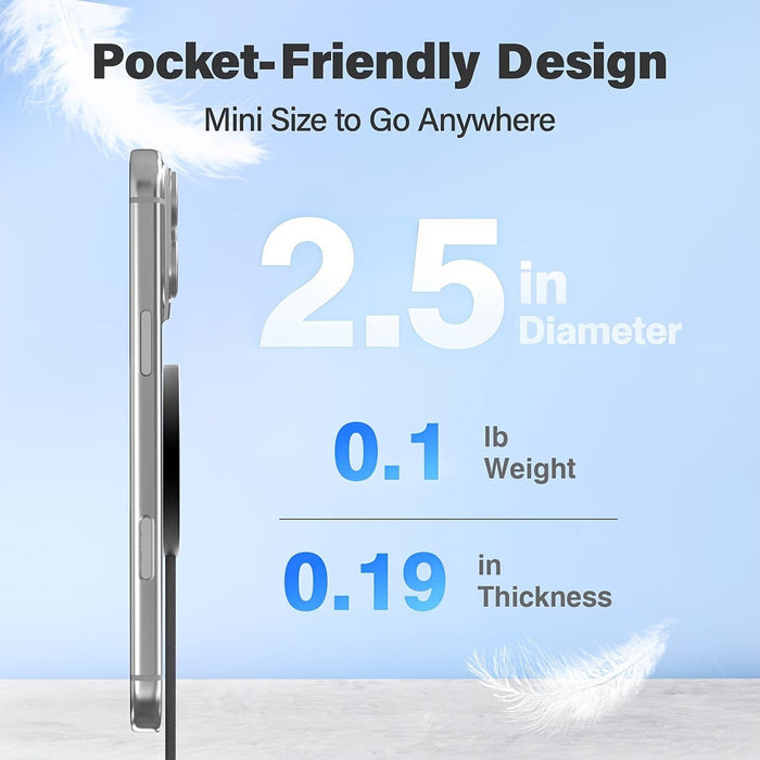 Blessing Sells compact wireless charging pad, 2.5 inch diameter, 0.1 lb weight, 0.19 inch thickness, pocket-friendly design.