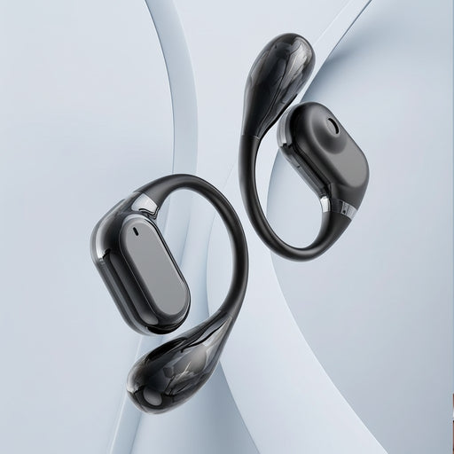 Blessing Sells dark grey true wireless over-ear headphones with a sleek, modern design and ear hook.