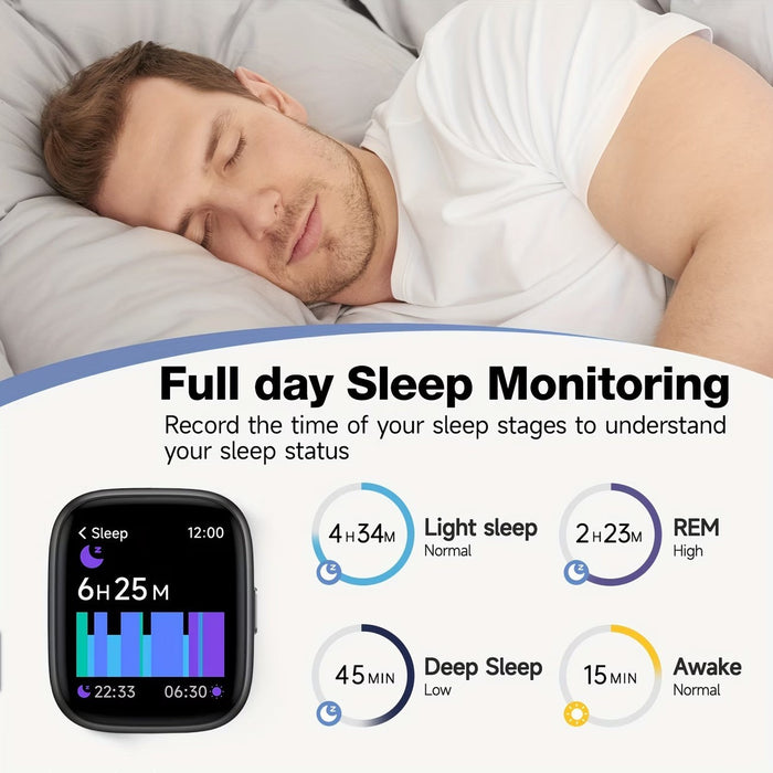 Blessing Sells FAWEIO Smart Watch displaying sleep monitoring data: 6h 25m total sleep, light sleep, deep sleep, REM, and awake times.