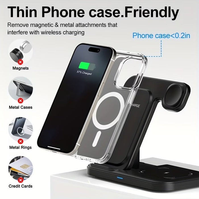 Blessing Sells black foldable wireless charging station with a clear phone case and phone charging.