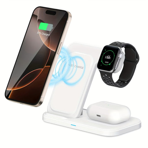Blessing Sells white foldable wireless charging station charging a smartphone, smartwatch, and earbuds simultaneously.