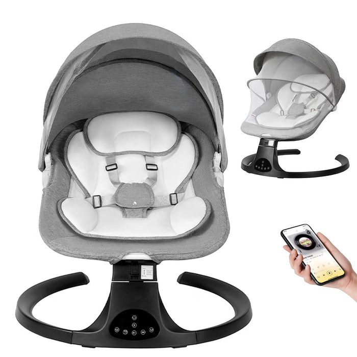 Blessing Sells grey fabric baby swing with white padded seat, canopy, and 15-point safety belt. Includes remote control.