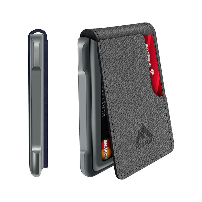 Blessing Sells men's grey faux leather minimalist wallet with metal trim and card slot, RFID protection.