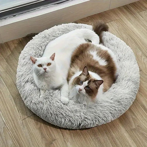Blessing Sells grey plush pet nest with two cats, one white and one brown and white, resting comfortably.
