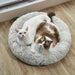 Blessing Sells grey plush pet nest with two cats, one white and one brown and white, resting comfortably.