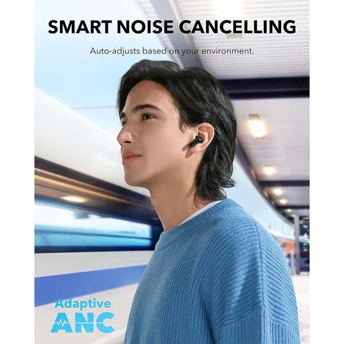 Blessing SellsHere Soundcore P40i by Anker black wireless earbuds with adaptive ANC, worn by a man on a train.