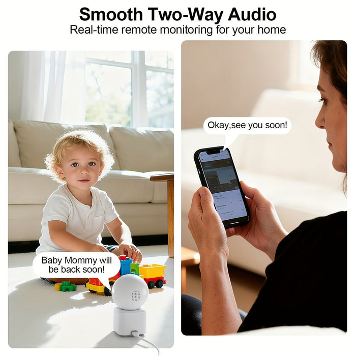 Blessing Sells Indoor WIFI Monitor with two-way audio, night vision, and mobile tracking. A child plays near the camera while a parent uses a phone.