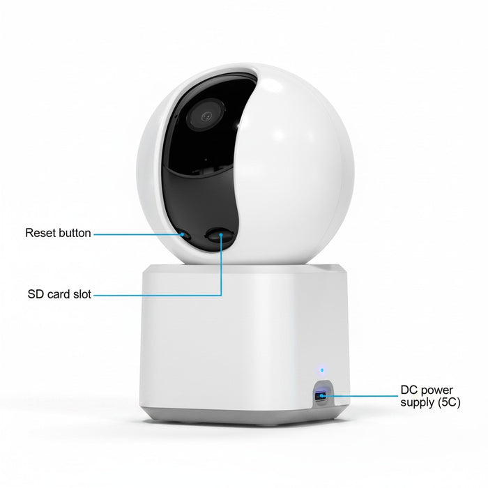 Blessing Sells Indoor WIFI Monitor, white, with reset button, SD card slot, and DC power supply port.