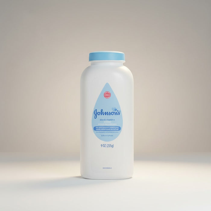 Blessing Sells Johnson's Powder Aloe & Vitamin E 9oz bottle with a blue cap. Gentle, hypoallergenic formula for babies and adults.