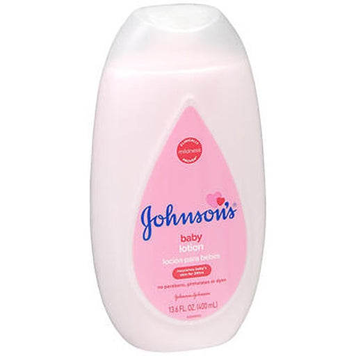 Blessing Sells Johnson's baby lotion bottle with aloe and vitamin E, 13.6 fl oz. Pink label with white cap.