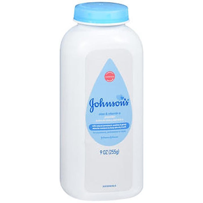 Blessing Sells Johnson's Powder Aloe & Vitamin E 9oz bottle with a blue cap. Gentle and hypoallergenic formula.