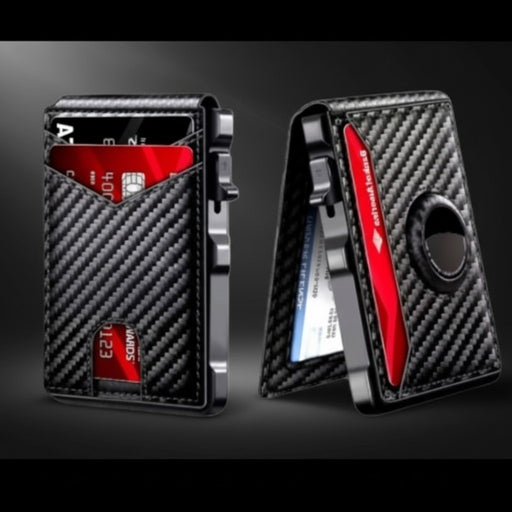 Blessing Sells men's carbon fiber pop-up RFID wallet with slim aluminum card holder and secure cash strap.