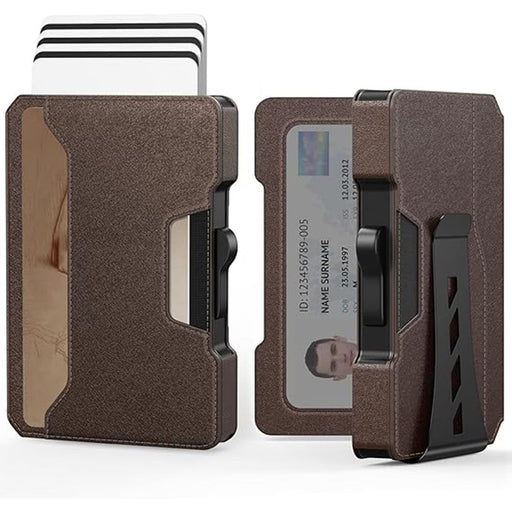 Blessing Sells brown faux leather and metal card case with side push mechanism and RFID shield
