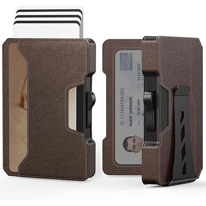 Blessing Sells brown faux leather and metal card case with side push mechanism and RFID shield