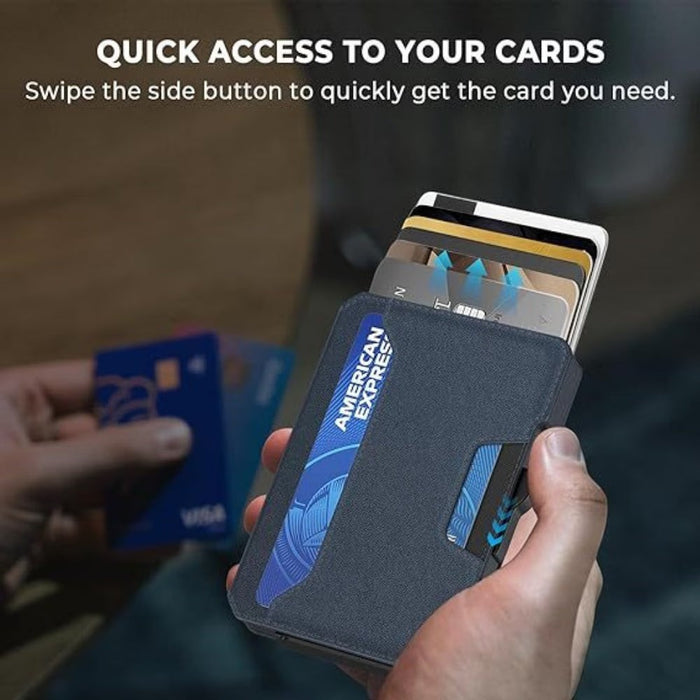 Blessing Sells dark blue metal card case with faux leather trim, side push button for quick access, RFID shielded.