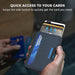Blessing Sells dark blue metal card case with faux leather trim, side push button for quick access, RFID shielded.