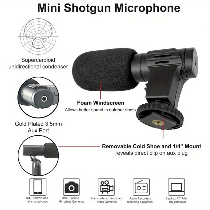 Blessing Sells mini shotgun microphone with foam windscreen and gold-plated 3.5mm aux port for smartphones, cameras, and computers.