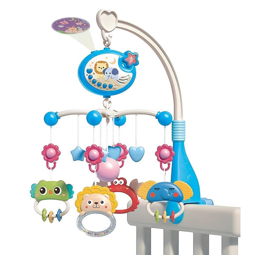 Blessing Sells musical crib mobile with projector, featuring animal characters, stars, and flowers in blue, pink, and green.