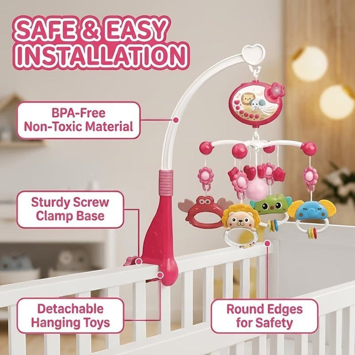 Blessing Sells musical crib mobile with projector, featuring BPA-free non-toxic materials, detachable animal toys, and a sturdy clamp base.