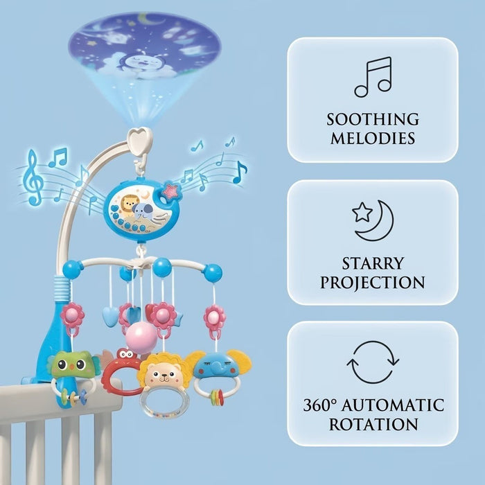 Blessing Sells musical crib mobile with projector, featuring animal toys, soothing melodies, and starry projection.