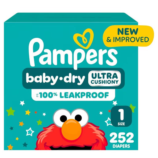Blessing Sells Pampers Baby-Dry Size 1 diapers, 252 count, featuring Elmo and "New & Improved" text.