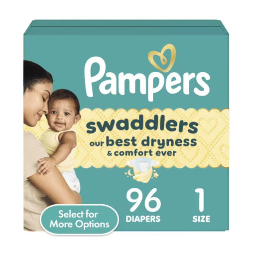 Blessing Sells Pampers Swaddlers Size 1 diapers, 96 count, featuring a mother holding her baby. Designed for dryness and comfort.