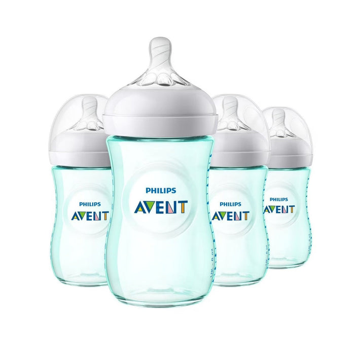 Blessing Sells Philips Avent Natural Baby Bottle in teal, 9oz, 4-pack. Features breast-like nipple and anti-colic valve.