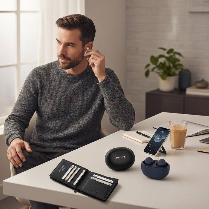Blessing Sells man wearing Philips SportPro True Wireless Earbuds in grey sweater, with charging case and wallet on table.