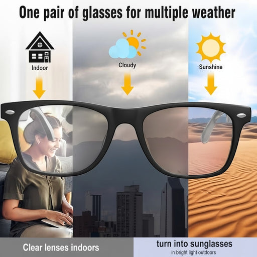 Blessing Sells black frame glasses with photochromic lenses that adapt to light conditions, clear indoors and tinted outdoors.